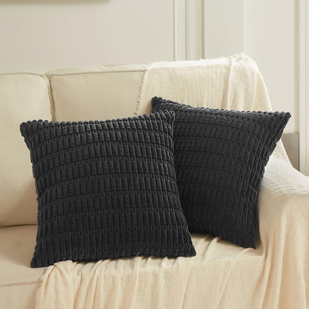 4 Packs Boho Black Decorative Throw Pillow Covers 18X18 Inch for Living Room Couch Bed Sofa, Rustic Modern Farmhouse Home Decor, Soft Plush Corduroy Cute Square Cushion Case 45X45 Cm