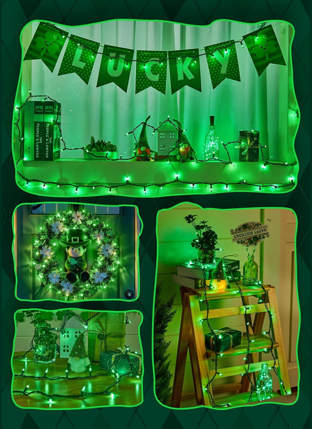 St. Patrick Mini String Lights, 50 Count 12 Feet Incandescent Bulb St Patrick Day Lights, Waterproof Green Lights for Indoor Xmas Tree Garland Birthday Wedding Party Festival Decoration, Green Wire