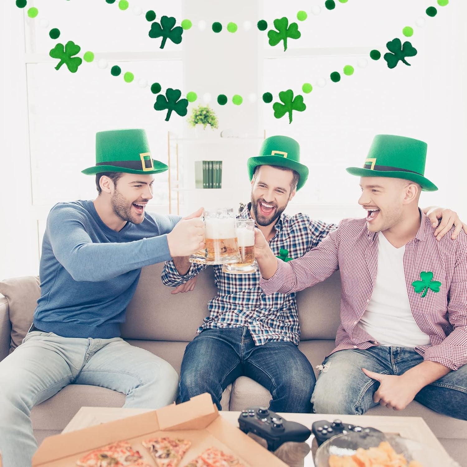 8.2Ft St. Patrick'S Day Felt Pom Pom Banner Lucky Shamrock Garland Green White Pom Ball Clover Decorative Irish Hanging Bunting Garland for St. Patrick'S Day Home Mantel Wall Decor