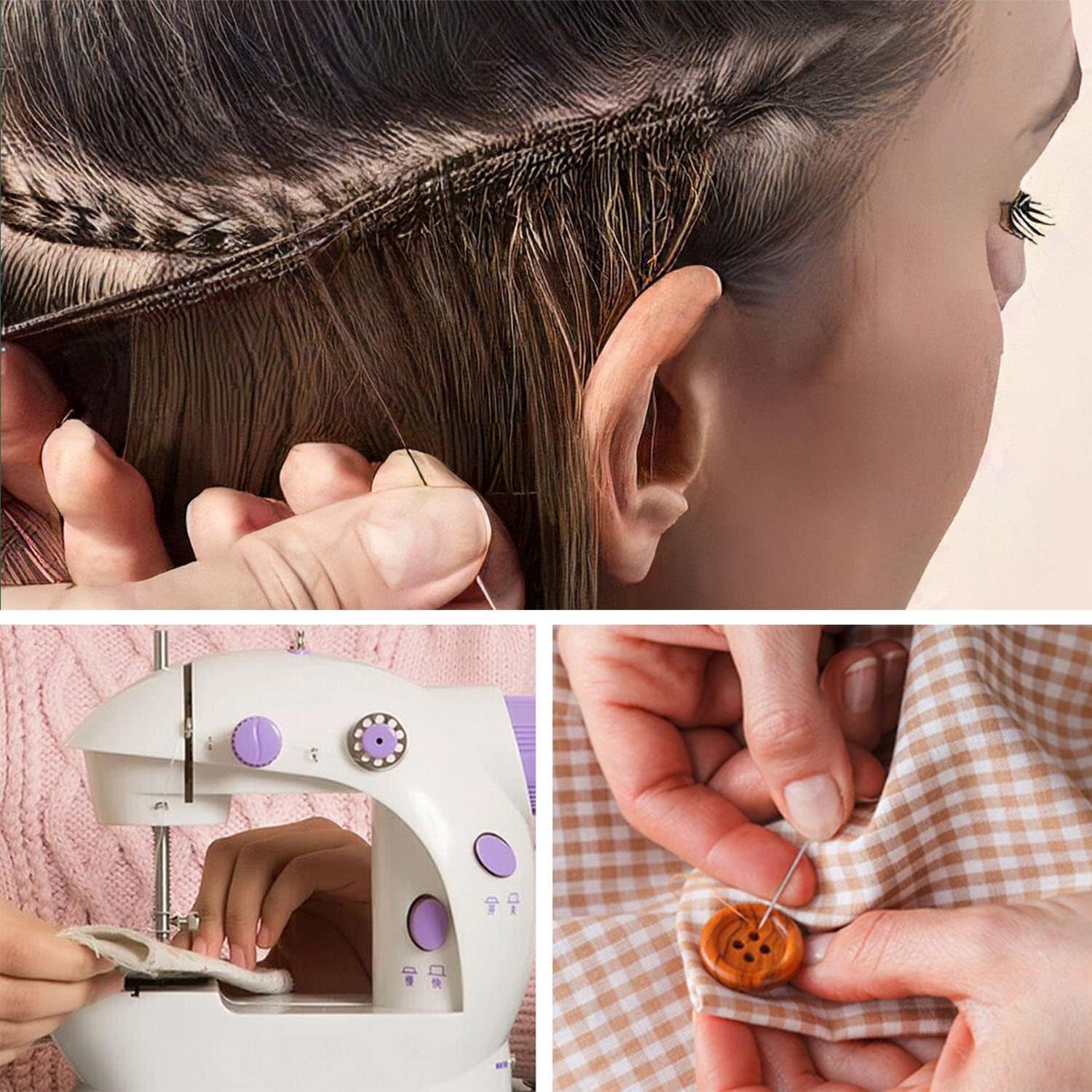 Needle and Thread for Hair Extensions 3 Rolls Hair Weave Sewing Threads with 10 Pcs C J I Shape Curved Upholstery Needles for Hand Sewing, Hair Extensions, Making Wigs DIY (10+3, Black)