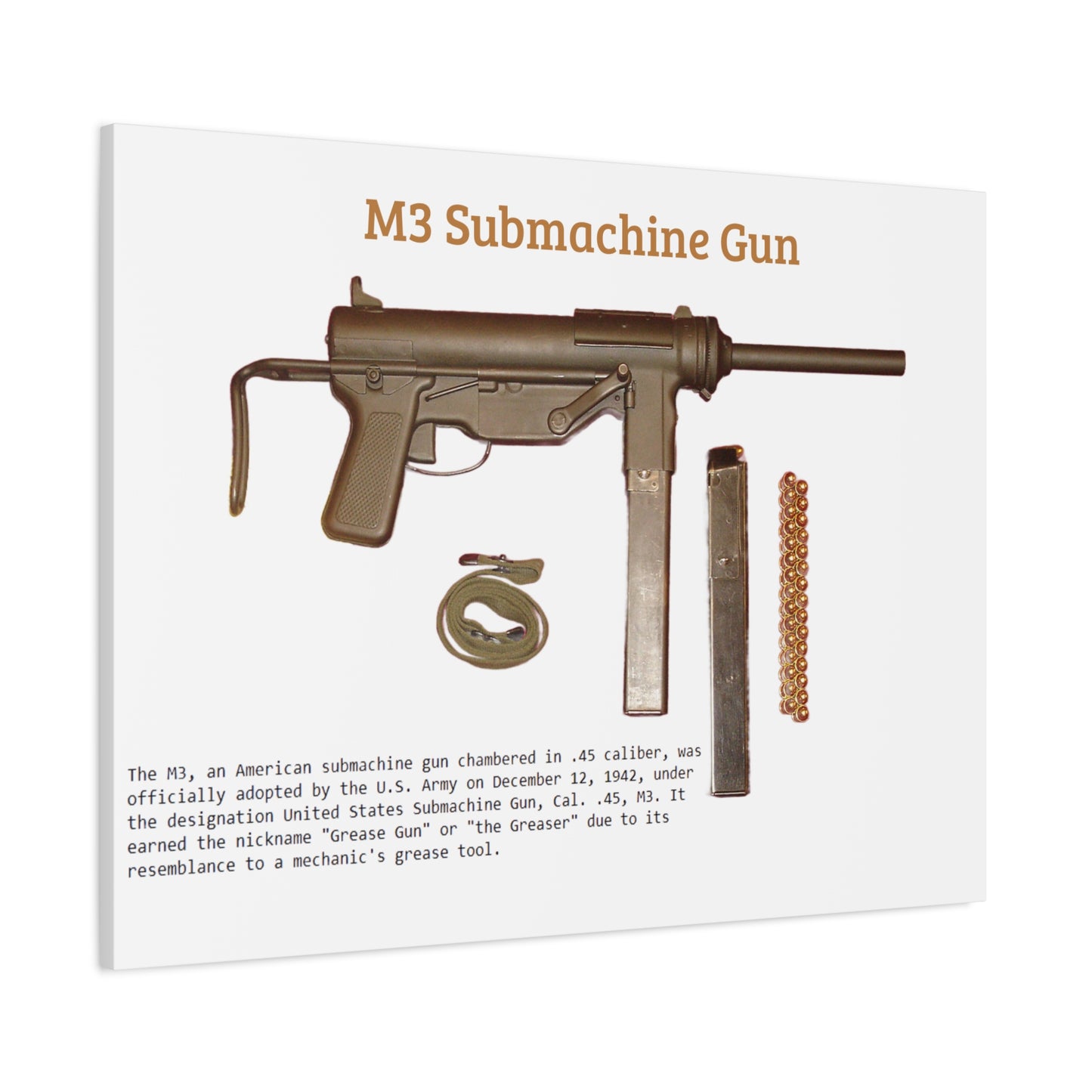 Grease Gun M3 submachine gun Matte Canvas, Stretched, 1.25"