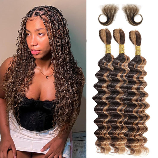Langer 4/27 Highlight Human Braiding Hair Deep Wave Bulk Human Hair for Braiding No Weft 150G 3 Bundles/Pack Ombre 16A Brazilian Curly Human Hair Extensions for Braids Boho Braiding Hair 18 Inch