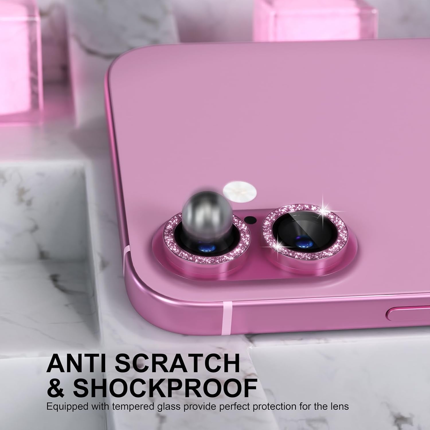 Compatible for Iphone 16 /Iphone 16 plus Camera Lens Protector Bling, 9H Tempered Glass Camera Cover Screen Protector Metal Ring Decoration Accessories(Glitter-Pink)