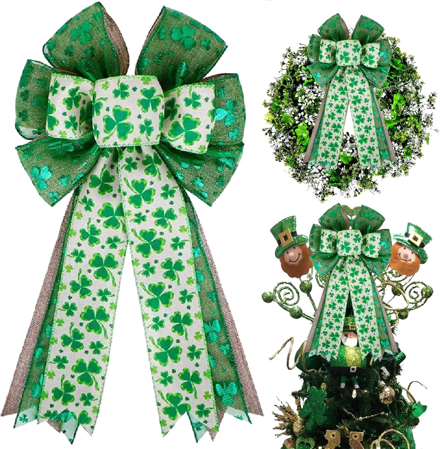St Patricks Day Bow for Wreath Decorations,St Patricks Day Tree Topper Bows,Large Burlap White Green Glitter Shamrock Bowknot Irish Holiday Crafts Bows for Front Door Outdoor Outside