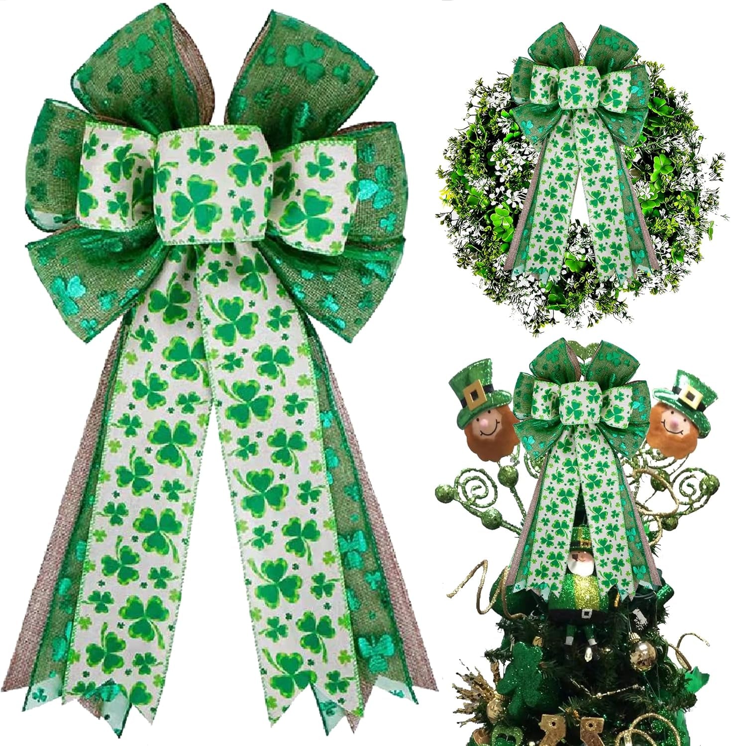 St Patricks Day Bow for Wreath Decorations,St Patricks Day Tree Topper Bows,Large Burlap White Green Glitter Shamrock Bowknot Irish Holiday Crafts Bows for Front Door Outdoor Outside