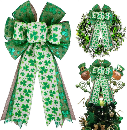 St Patricks Day Bow for Wreath Decorations,St Patricks Day Tree Topper Bows,Large Burlap White Green Glitter Shamrock Bowknot Irish Holiday Crafts Bows for Front Door Outdoor Outside