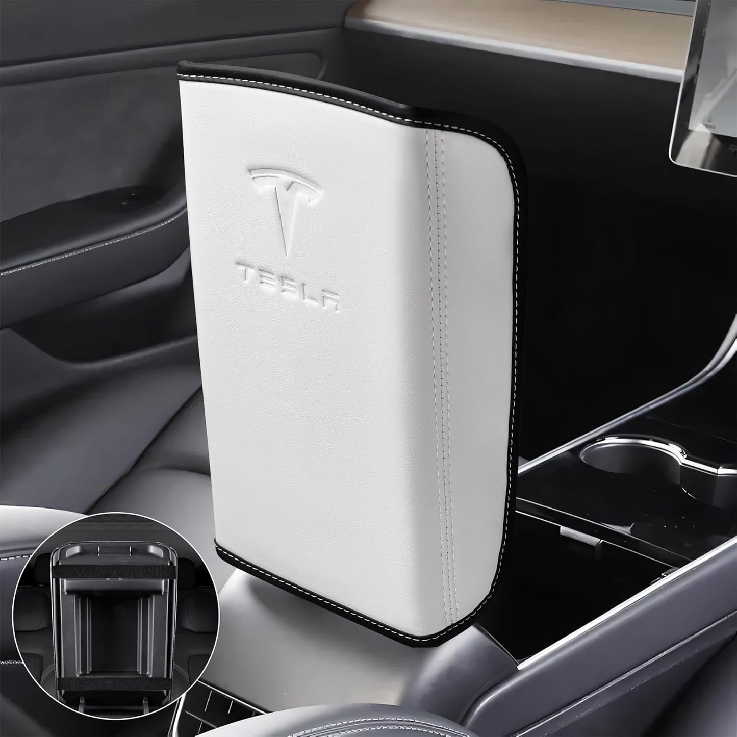 Armrest Cover Designed for Tesla Model 3/Y 2017-2023 2024,Leather Center Console Cover for Tesla Model 3/Y Interior Accessories White