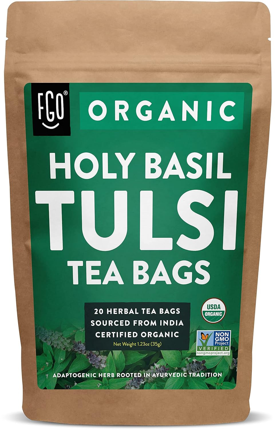Organic Tulsi Holy Basil Tea, 100 Count, Eco-Conscious Herbal Tea Bags, Resealable Bag, Caffeine Free, Packaging May Vary (Pack of 1) TLBH
