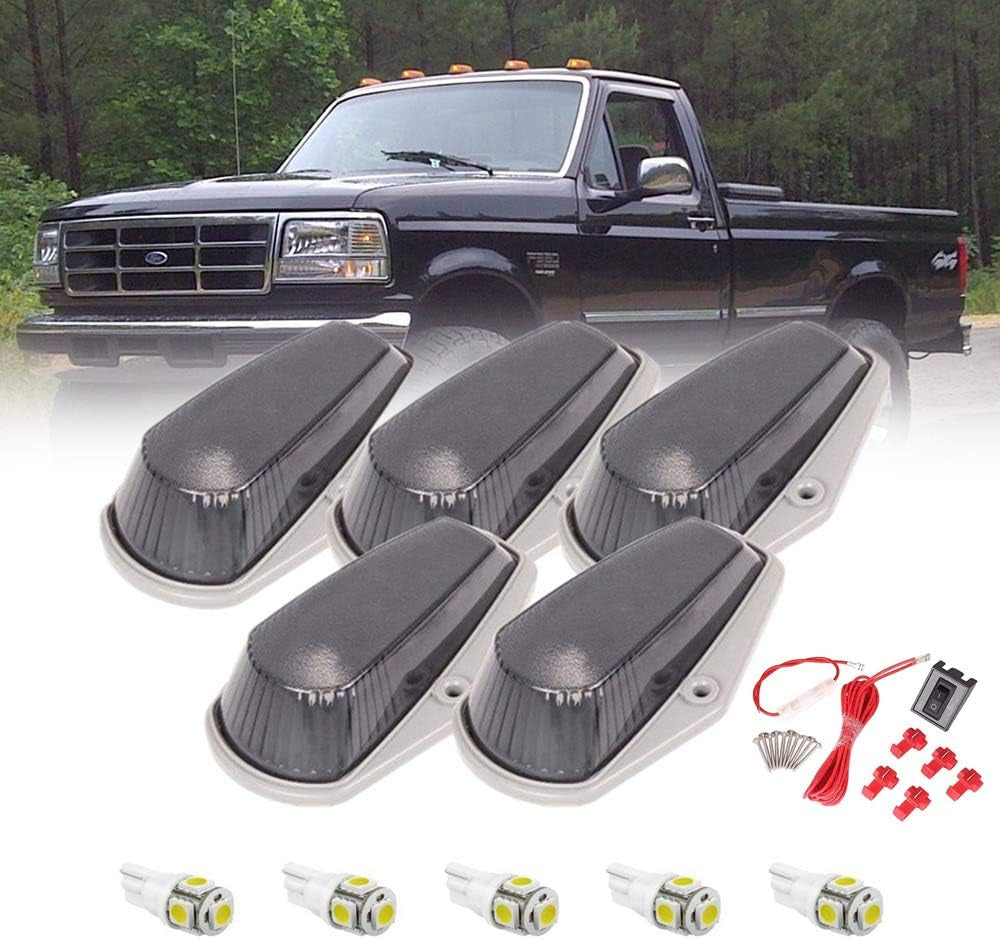5 X Cab Roof Marker Lights Amber Lens White LED Compatible with 1973-1997 Ford F-150 F-250 F-350 F Series Pickup Super Duty Trucks, Cab Roof Running Lights, Accessories Light W/Wiring Pack