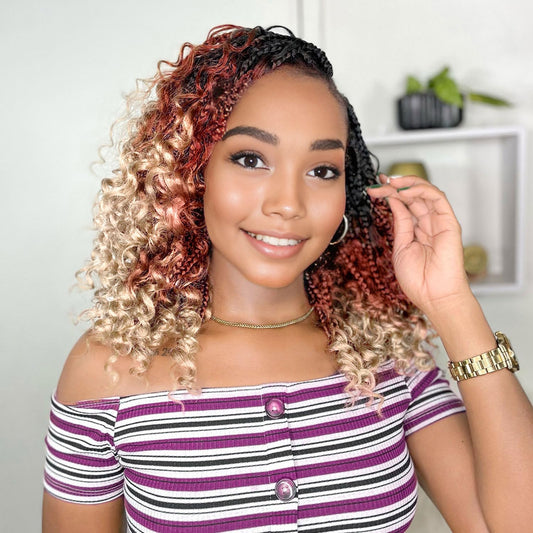 Goddess Box Braids Crochet Hair 10 Inch Boho Crochet Box Braids with Curly Ends, 9 Packs Bohomian Box Braids Crochet Hair for Black Women Pre Looped Box Braids Crochet Hair (10Inch,1B/30/613)