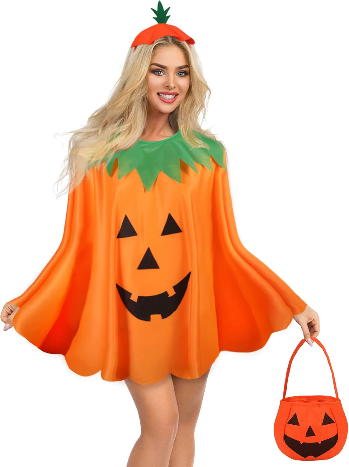 Adult Halloween Pumpkin Costume Set Pumpkin Cloak Poncho with Candy Bag Hat Pumpkin Handbag Funny Headband