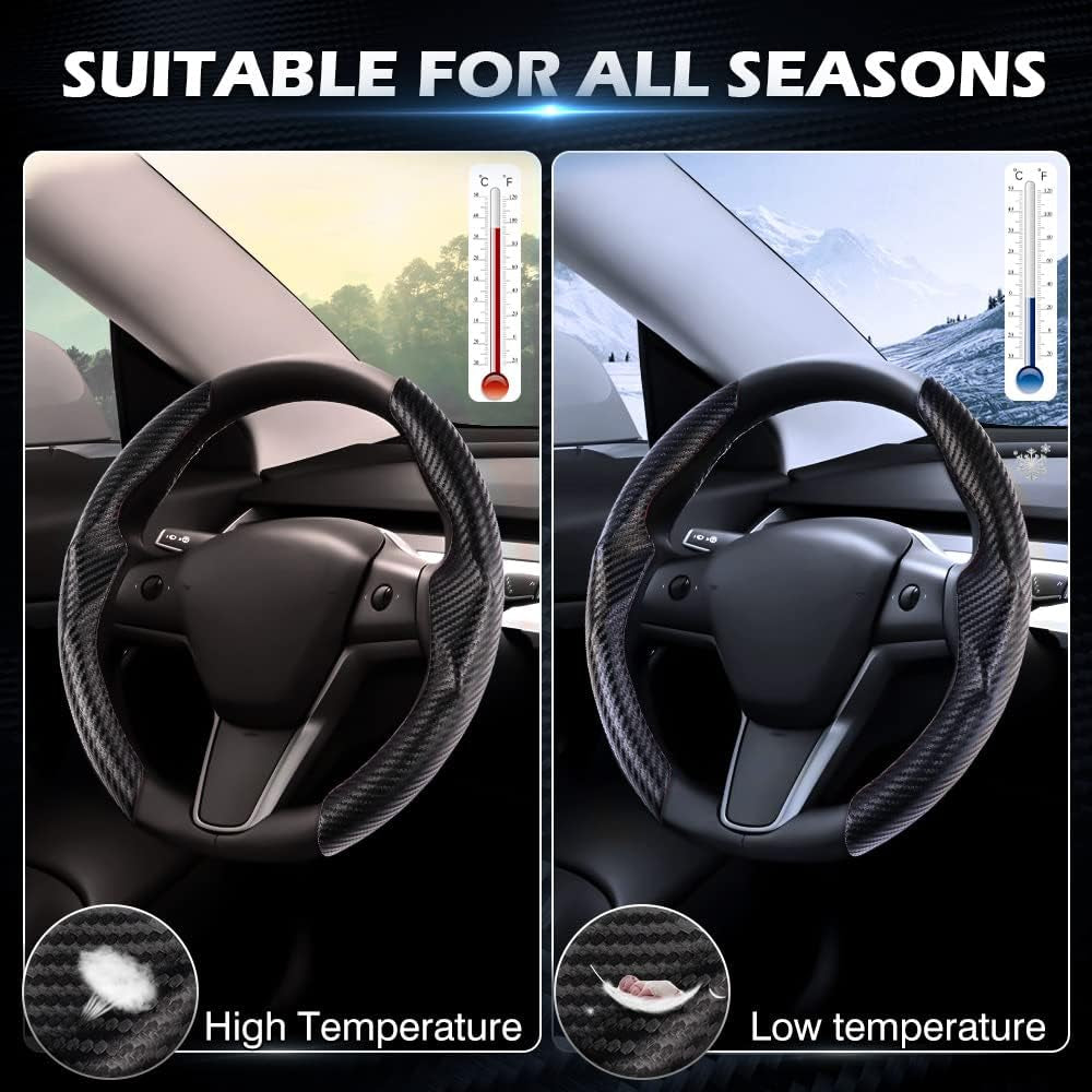 Carbon Fiber Steering Wheel Cover Custom Fit for Tesla Model 3 2017-2024 2025 and 2020-2024 2025 Model Y Accessories anti Skid Leather Car Segmented Steering Wheel Protector (Black)