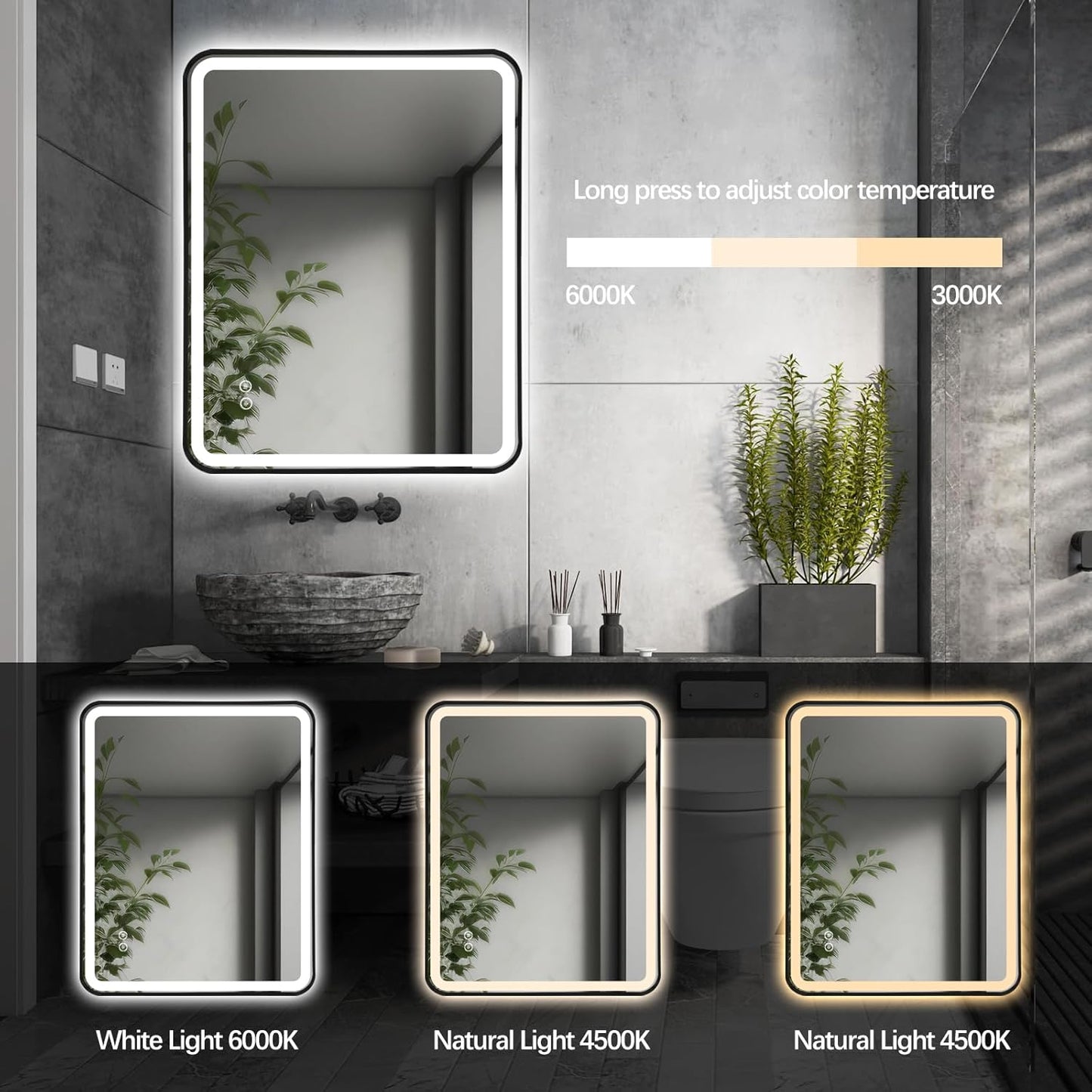 Rectangle LED Bathroom Mirror, 30"X22" Anti-Fog Double Touch Lighted Wall Vanity Mirror 45° Beveled Metal Frame Stepless Adjustable Color Temperature Smart Mirror 3000K-6000K, Gold