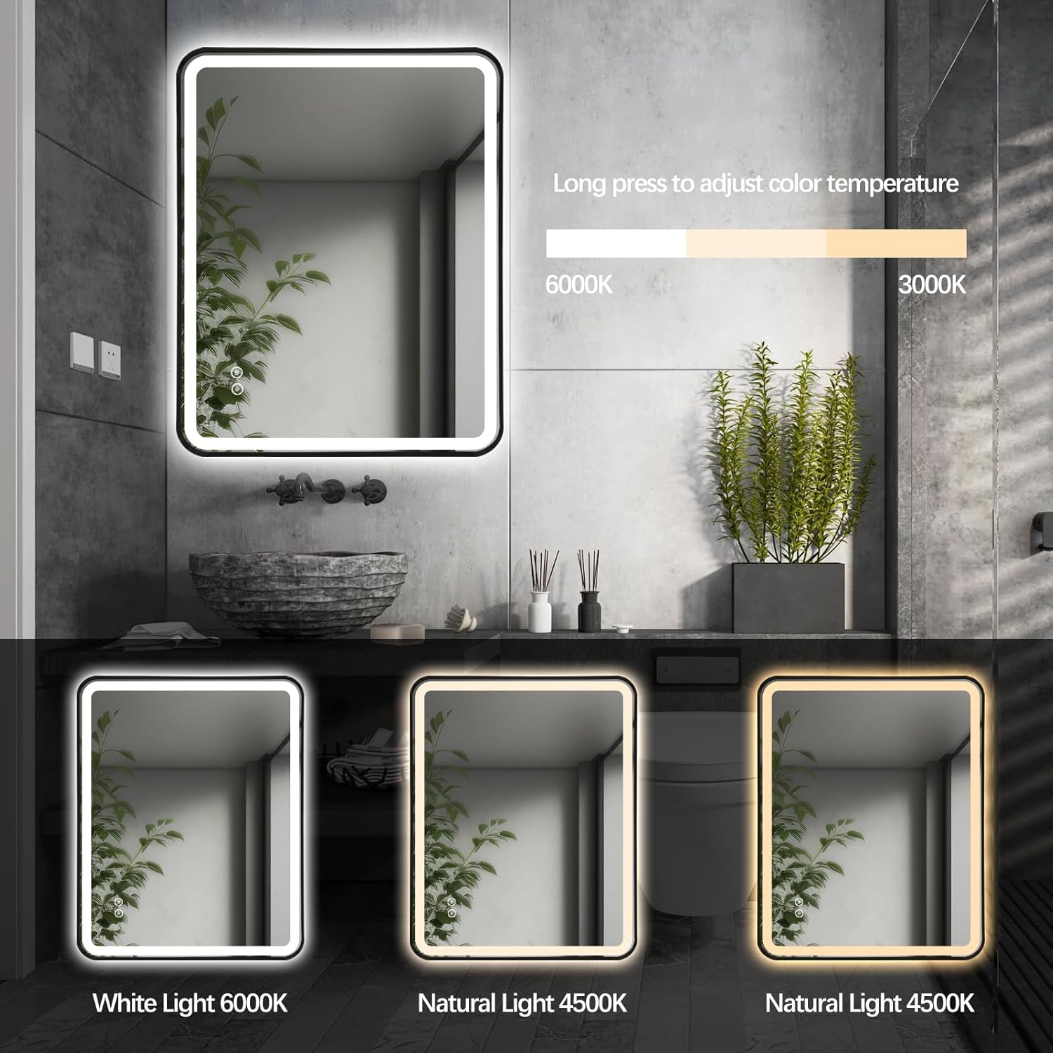 Rectangle LED Bathroom Mirror, 30"X22" Anti-Fog Double Touch Lighted Wall Vanity Mirror 45° Beveled Metal Frame Stepless Adjustable Color Temperature Smart Mirror 3000K-6000K, Gold