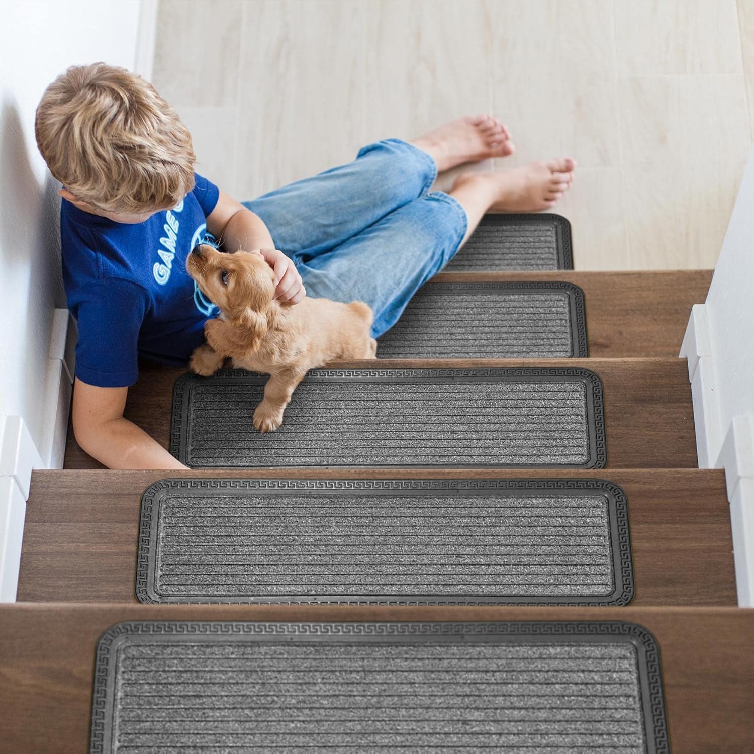 Indoor/Outdoor Hose-Wash Striped Design Non-Slip Rubber 10" X 30" Modern Stair Treads for Stairs, Garage, Patio, 5 Pack, Gray