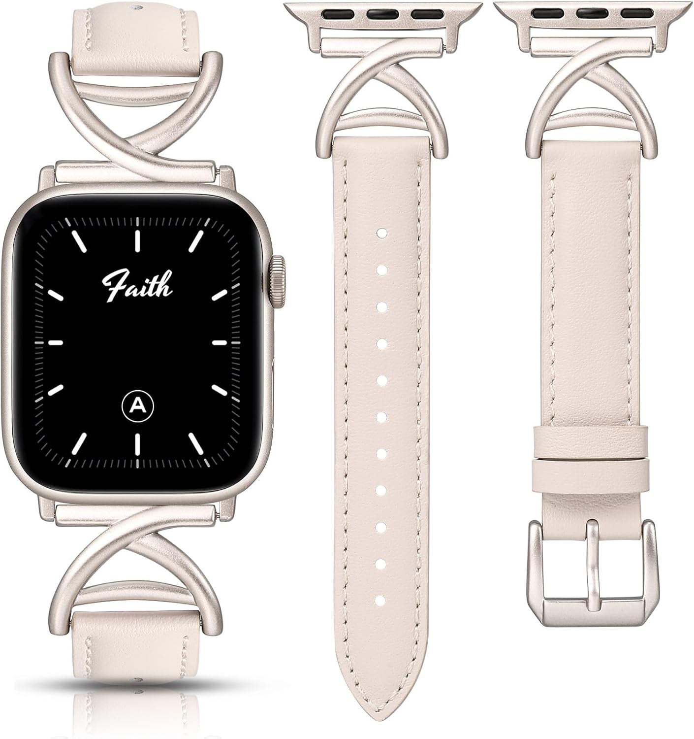 Leather Band Compatible with Apple Watch Bands 38/40/41/42/44/45/46/49Mm Women, Slim Dressy Premium Leather Strap with A-Shape Metal Buckle for Iwatch Series 10 9 Ultra SE 8 7 6 5 4 3 2 1