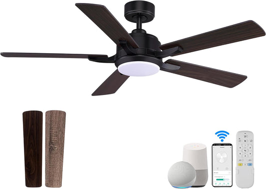 52” Smart Ceiling Fanswith Lights Remote Control,Quiet DC Motor,Outdoor Indoor Modern Farmhouse Ceiling Fan Work with Alexa App,Dimmable LED Light,Black/Brown for Bedroom Living Room Patio