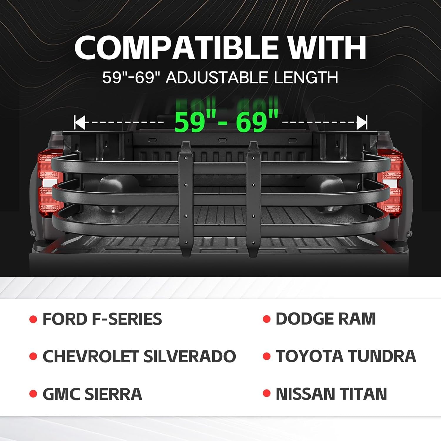 Truck Bed Extender, Aluminum Retractable Tailgate Extender, 59"-69" Adjustable Length, Drill Required, Fits for Chevy Silverado & GMC Sierra, Ford F-Series, Dodge Ram, Tundra, Nissan Titan