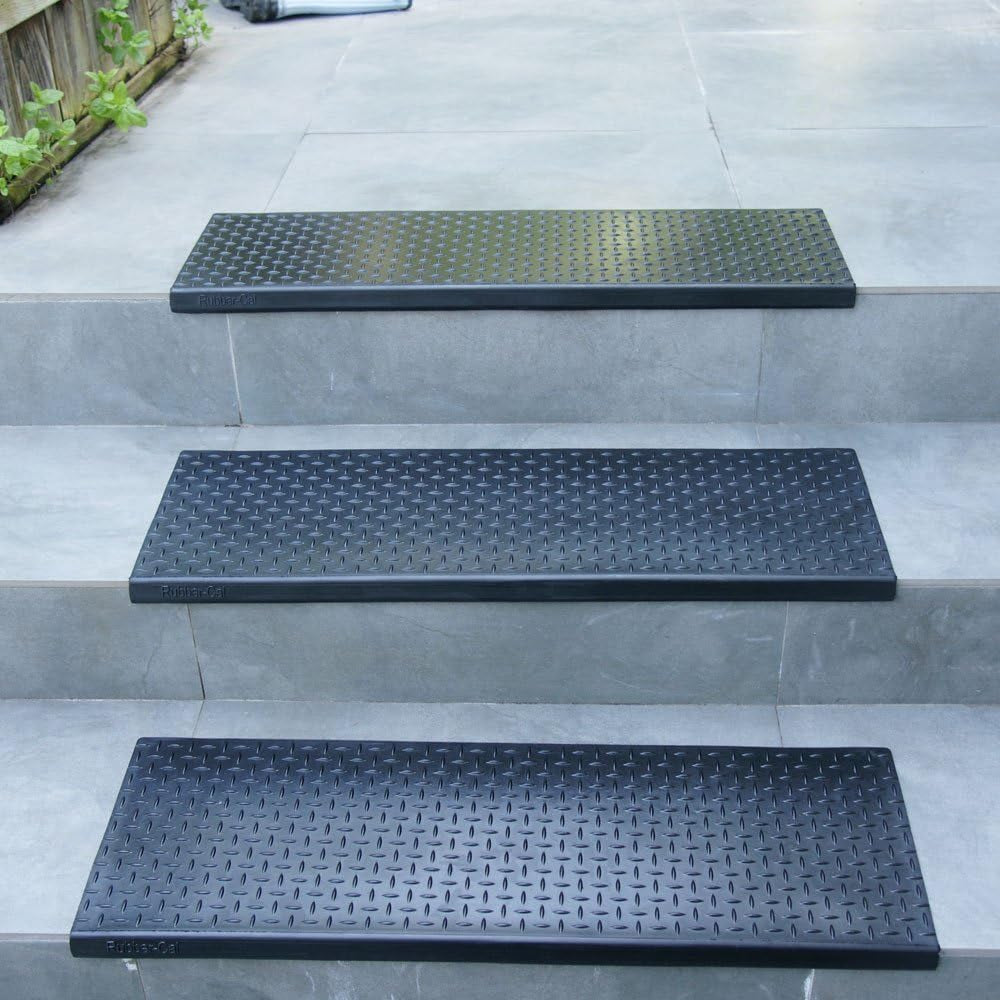 "Diamond-Plate Non-Slip Rubber Tread Stair Mats (6 Pack), Black, 9.75" X 29.75"