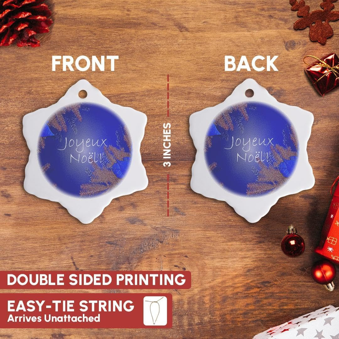 Orn_8673_1 Christmas Poinsettia Joyeux Noel in Blue Porcelain Snowflake Ornament, 3-Inch