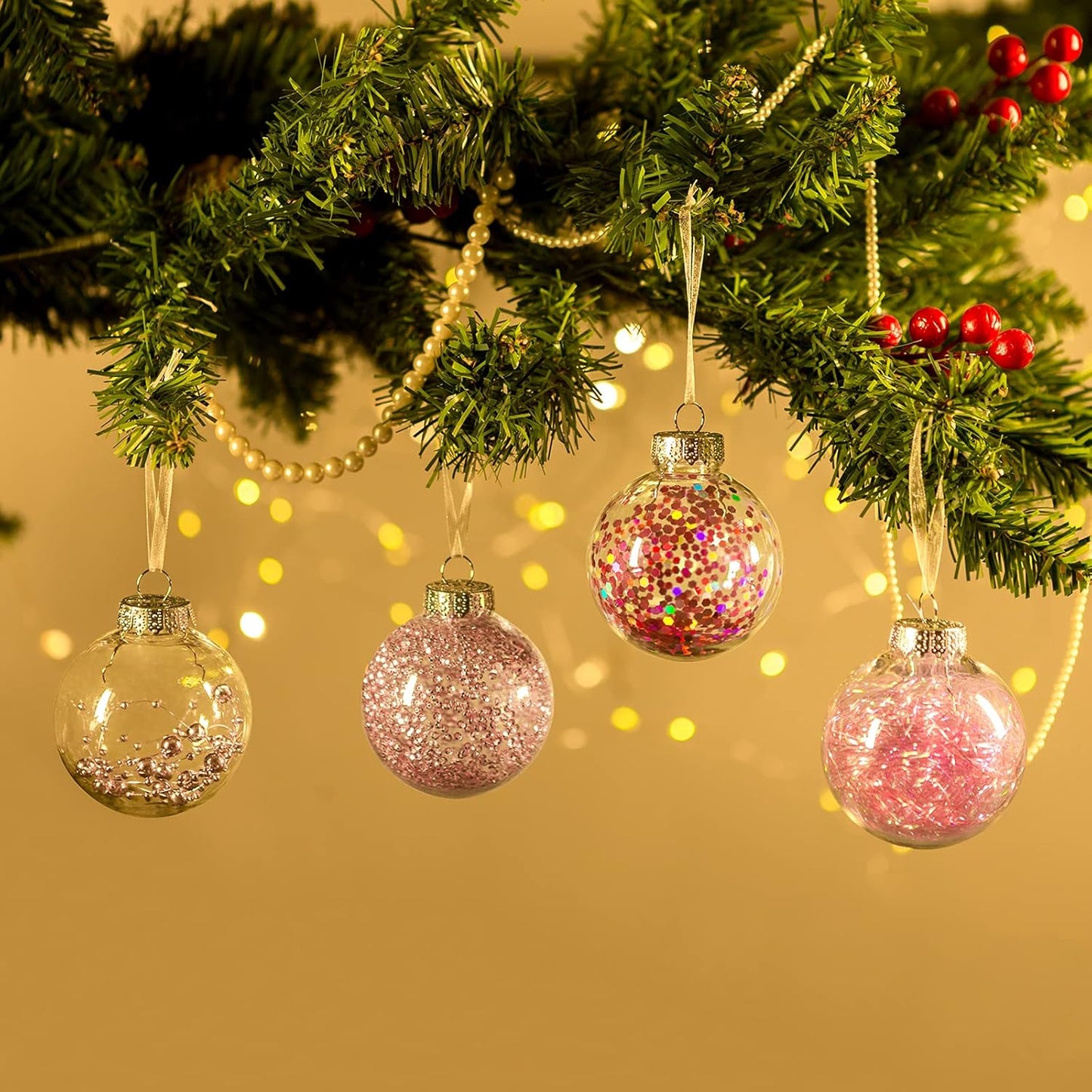 24Ct Clear Christmas Ball Ornaments, 2.76''/70Mm Shatterproof Hanging Xmas Balls Baubles Set for Christmas Tree with Stuffed Delicate Decorations for Wedding Christmas (Pink)