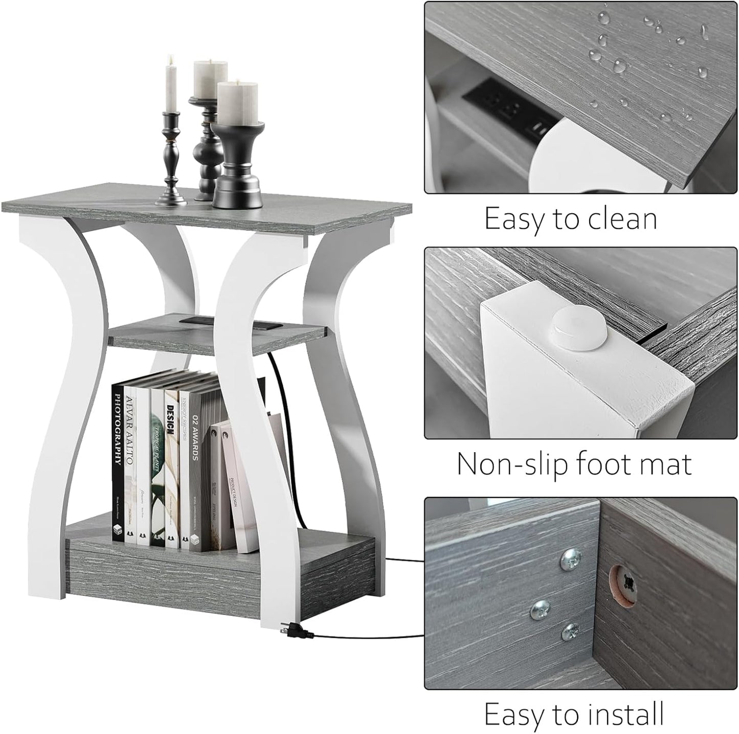 End Tables Living Room Set of 2, End Table with Charging Station, Grey End Table with Usb,Grey Side Table, Nightstand for Bedroom, 3 Tier End Table with Storage Shelf for Living Room Grey