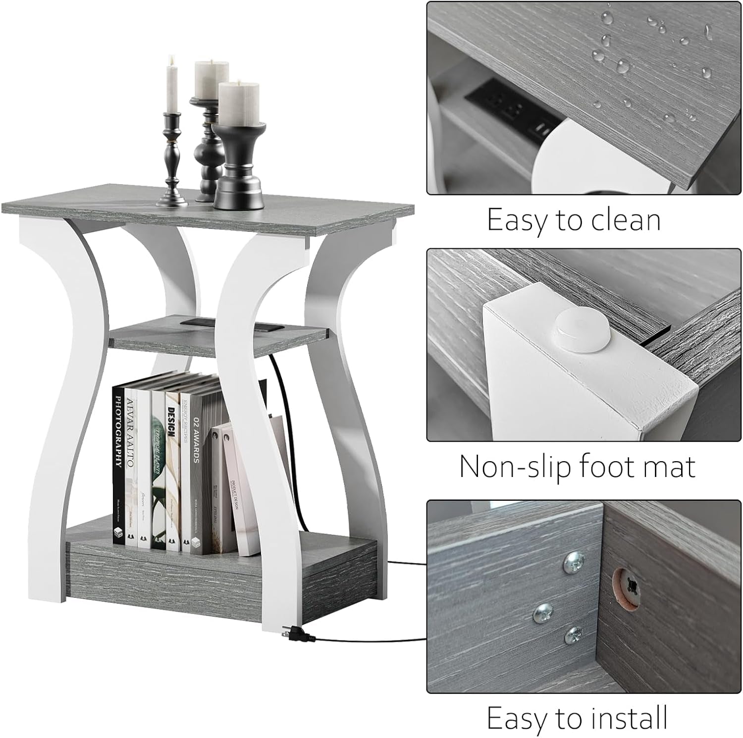 End Tables Living Room Set of 2, End Table with Charging Station, Grey End Table with Usb,Grey Side Table, Nightstand for Bedroom, 3 Tier End Table with Storage Shelf for Living Room Grey