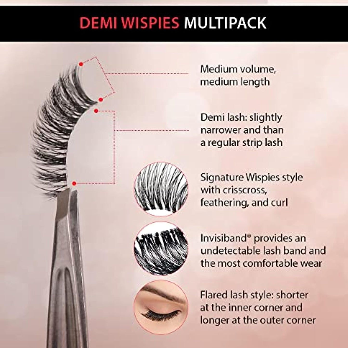 Demi Wispies Eyelashes - Black, the Original Feathered Lash Demi Lashes, Reusable Invisiband Strip Lashes, 6 Pairs, 1 Pack