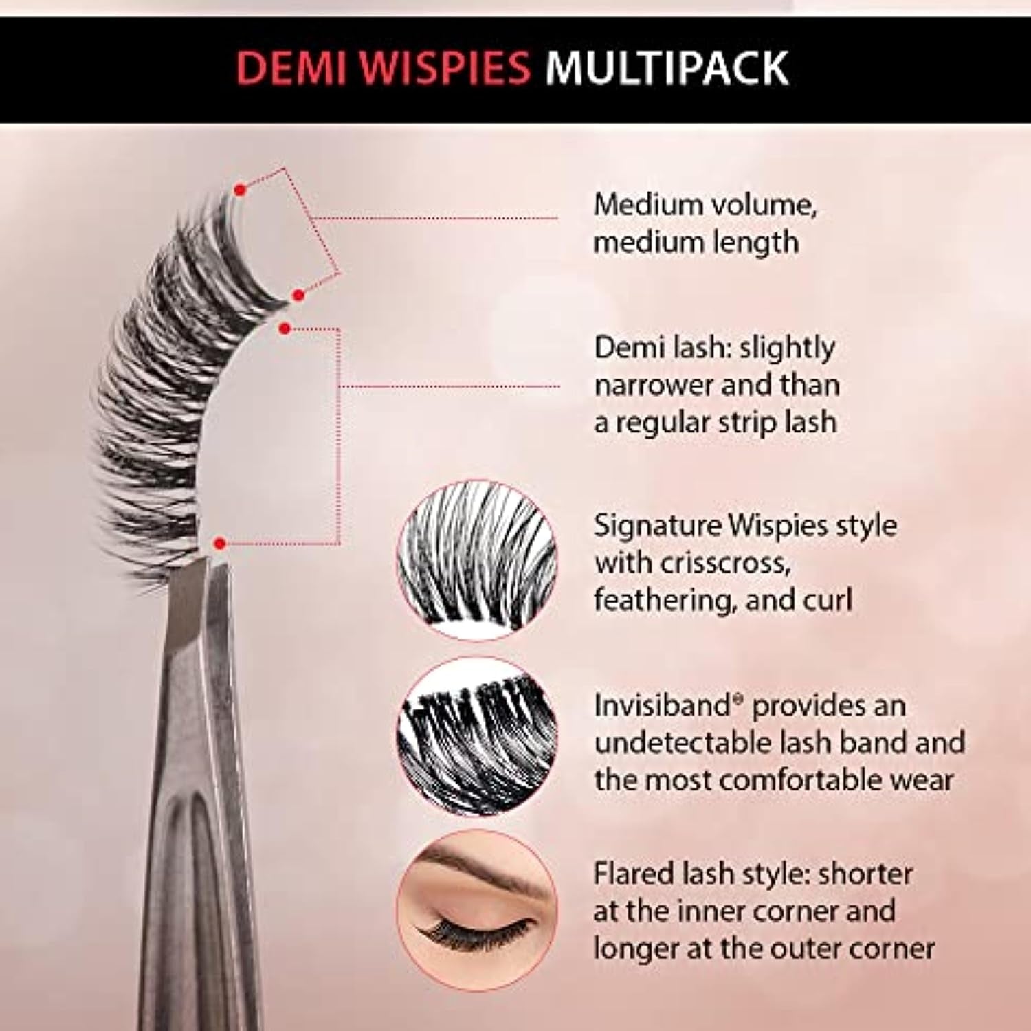 Demi Wispies Eyelashes - Black, the Original Feathered Lash Demi Lashes, Reusable Invisiband Strip Lashes, 6 Pairs, 1 Pack