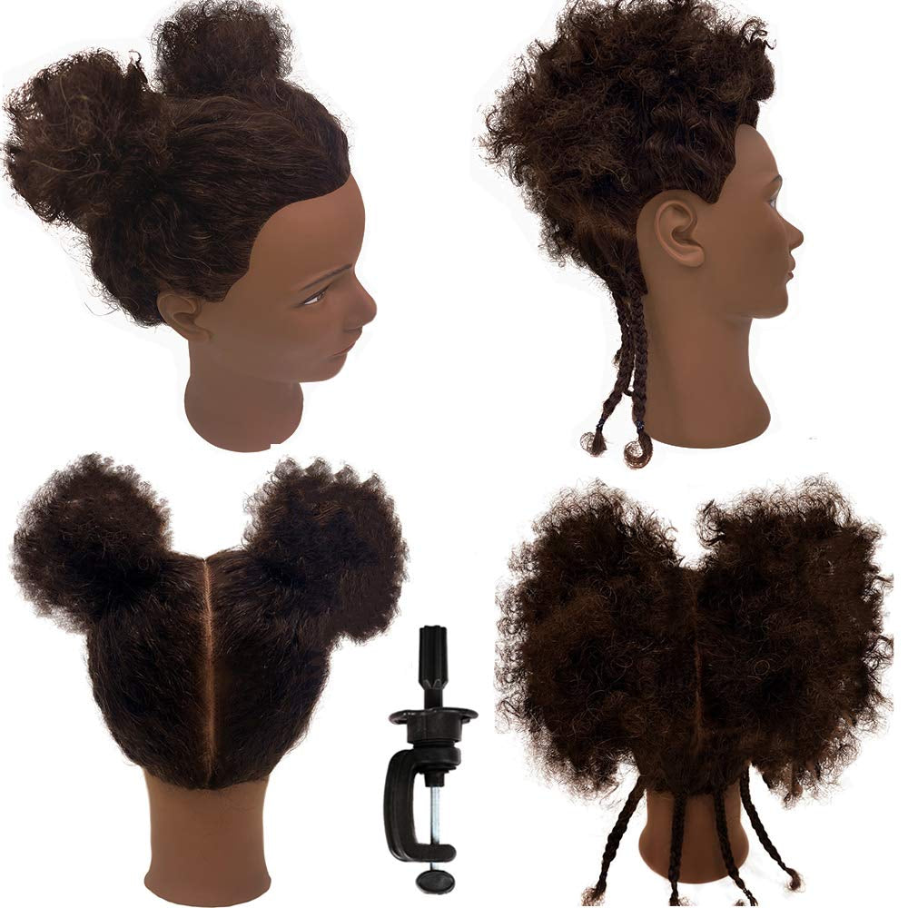 Afro Curly Mannequin Head with 100% Human Hair Curly Hair Hairdresser Hair Styling Cosmetology Manikin Head Doll Head for Hairdresser Practice Styling Dye Braiding with Clamp Stand
