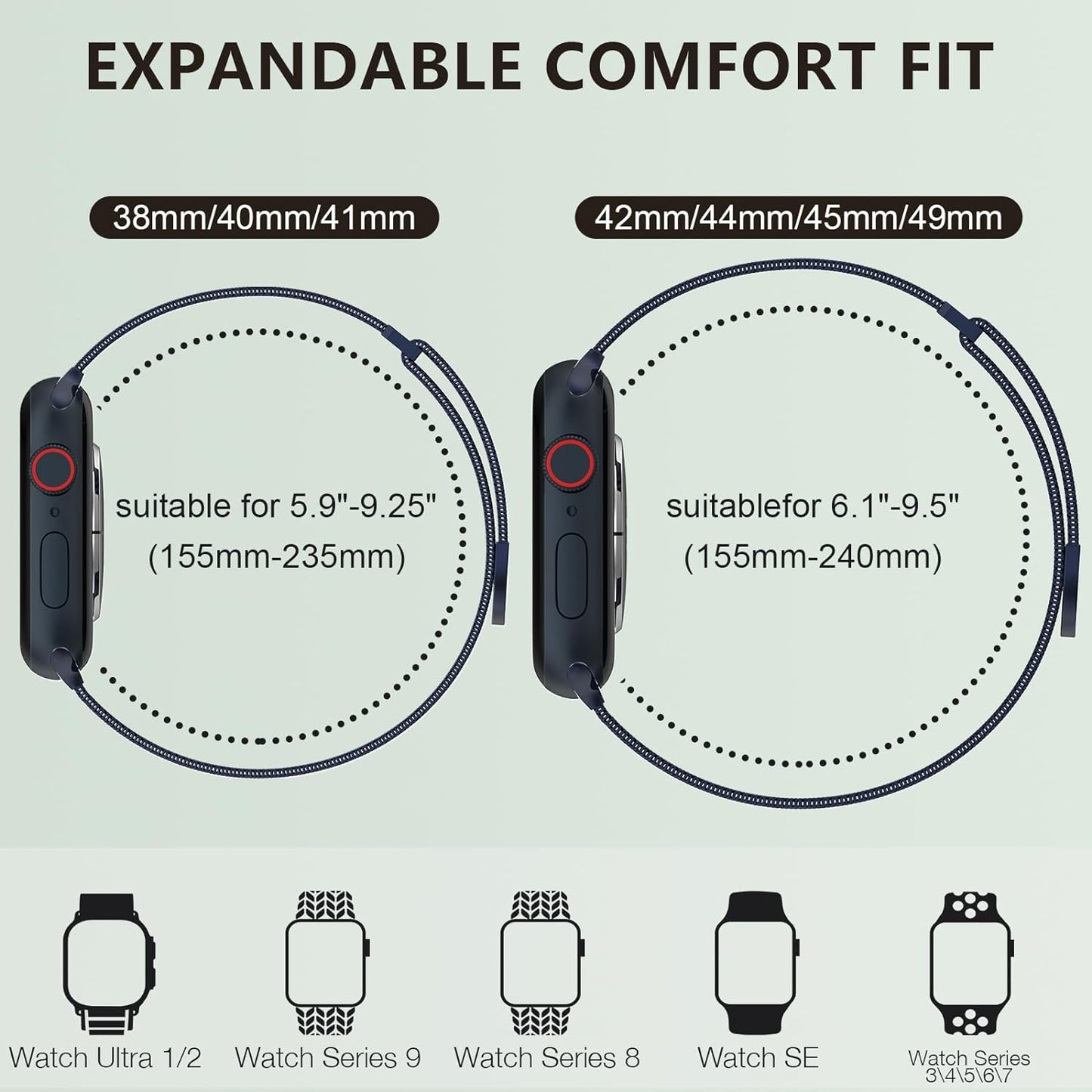 Compatible with Apple Watch Band Series 9, Ultra 2, SE, Ultra 8 7 6 5 4 3 2 1 38Mm 40Mm 41Mm 42Mm 44Mm 45Mm 49Mm Women and Men, Stainless Steel Mesh Loop Magnetic Clasp Replacement For