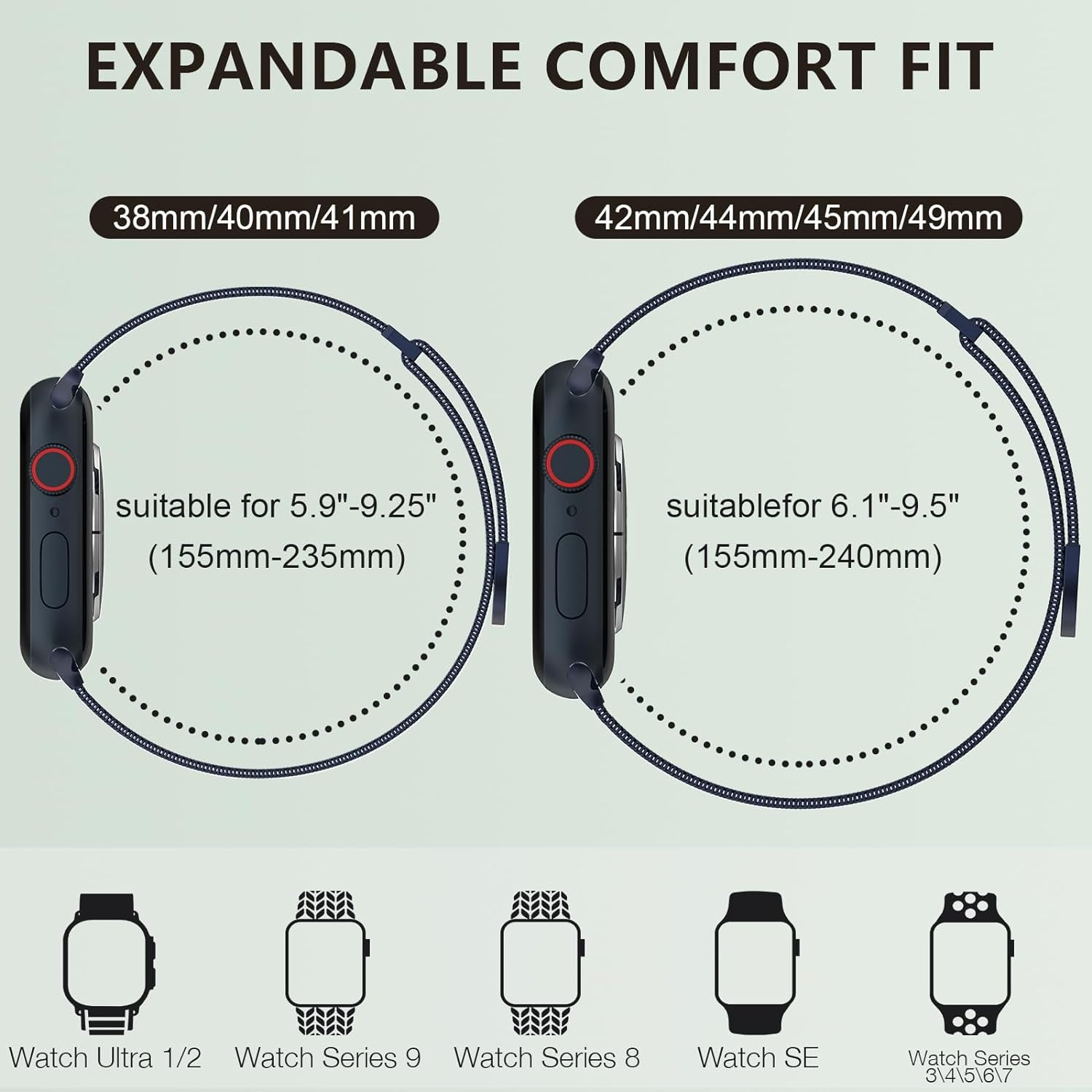 Compatible with Apple Watch Band Series 9, Ultra 2, SE, Ultra 8 7 6 5 4 3 2 1 38Mm 40Mm 41Mm 42Mm 44Mm 45Mm 49Mm Women and Men, Stainless Steel Mesh Loop Magnetic Clasp Replacement For