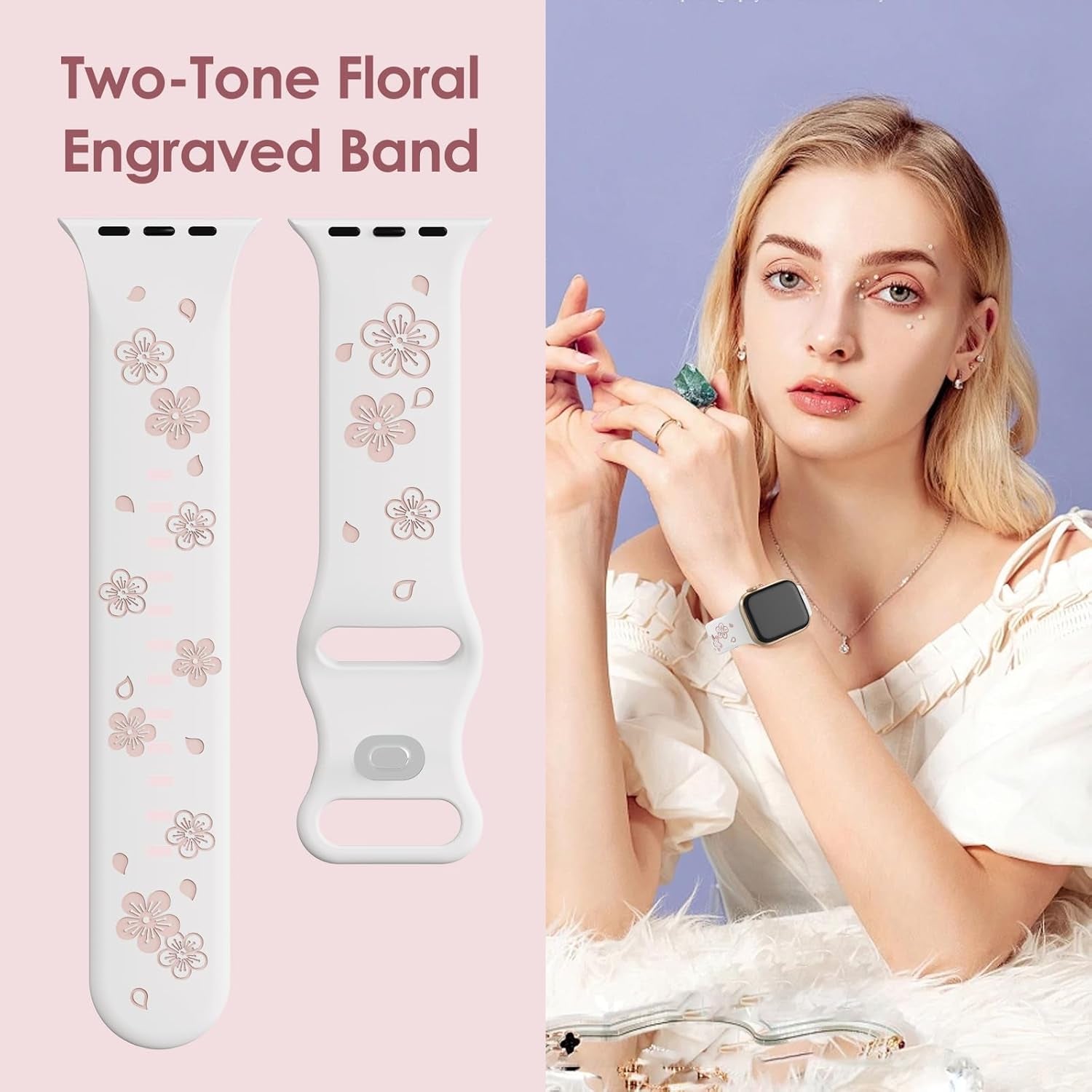Floral Engraved Bands Compatible with Apple Watch 38Mm 40Mm 41Mm 42Mm 44Mm 45Mm 46Mm 49Mm for Women,Two-Tone Cute Flower Soft Silicone Sport Strap for Iwatch Ultra Series 10 9 8 7 6 5 4 3 2 1 SE