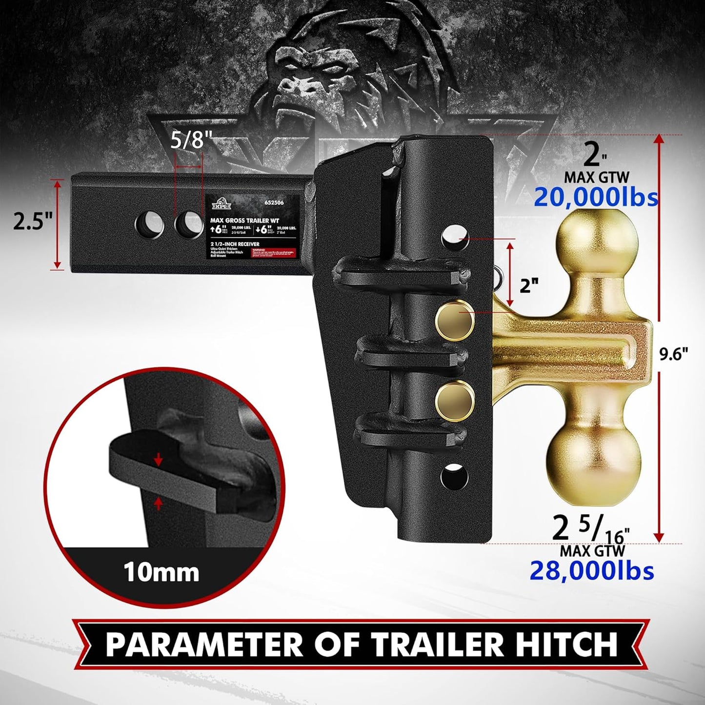 Adjustable Trailer Hitch Fits 2.5-Inch Receiver,6-Inch Drop/Rise,2"&2-5/16" Ball Hitches with 28,000 LBS GTW for Heavy Duty Truck,Solid Ball Mount,Blk,652506-1 TRUCK DRIVER