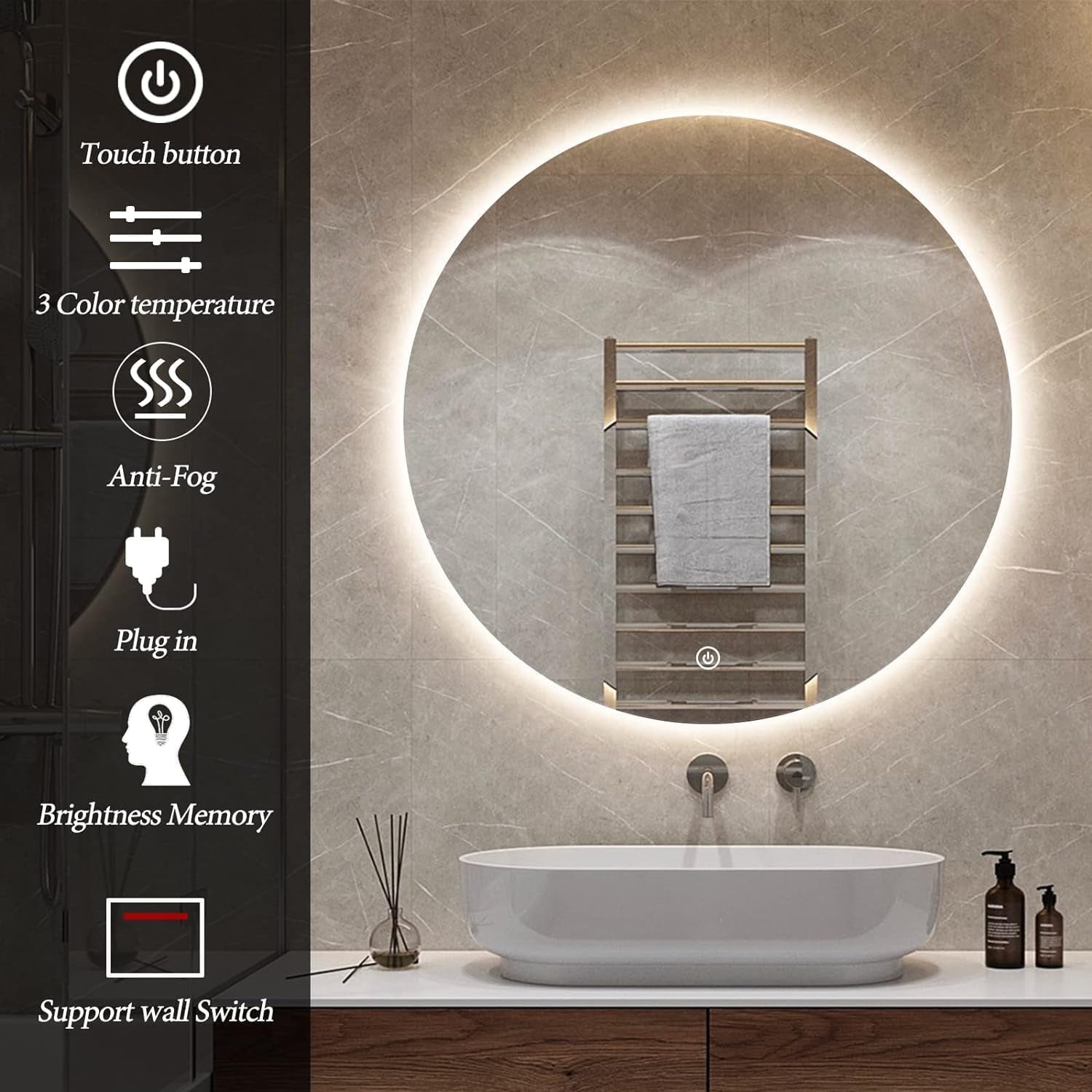 Round LED Bathroom Mirror, 28" Frameless Backlit Wall-Mounted Vanity Mirror with Lights, Anti-Fog Smart Mirror, IP65 Waterproof, Stepless Dimmable 3 Colors, Shatter-Proof, CRI95+