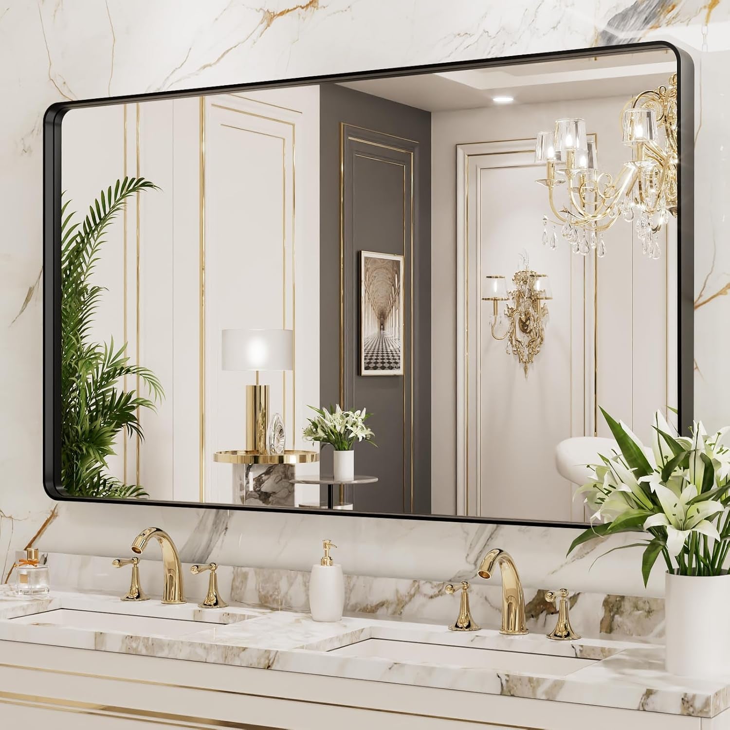 50X30 Inch Black Metal Framed Bathroom Mirror for Wall, Matte Black Bathroom Vanity Mirror Farmhouse, Large Rounded Rectangle Mirror, Anti-Rust, Tempered Glass, Hangs Horizontally or Vertically