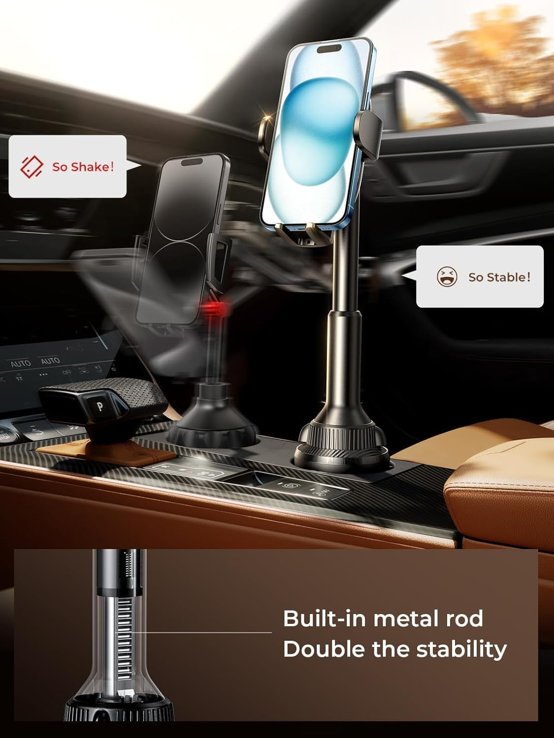 Cup Phone Holder for Car No Shaking Car Phone Holder Mount, 360° Adjustable Car Accessories for Women Trucks Suvs Golf, Compatible with Iphone 16E 16 15 14 13 plus Pro Max Samsung S25 All 4-7''