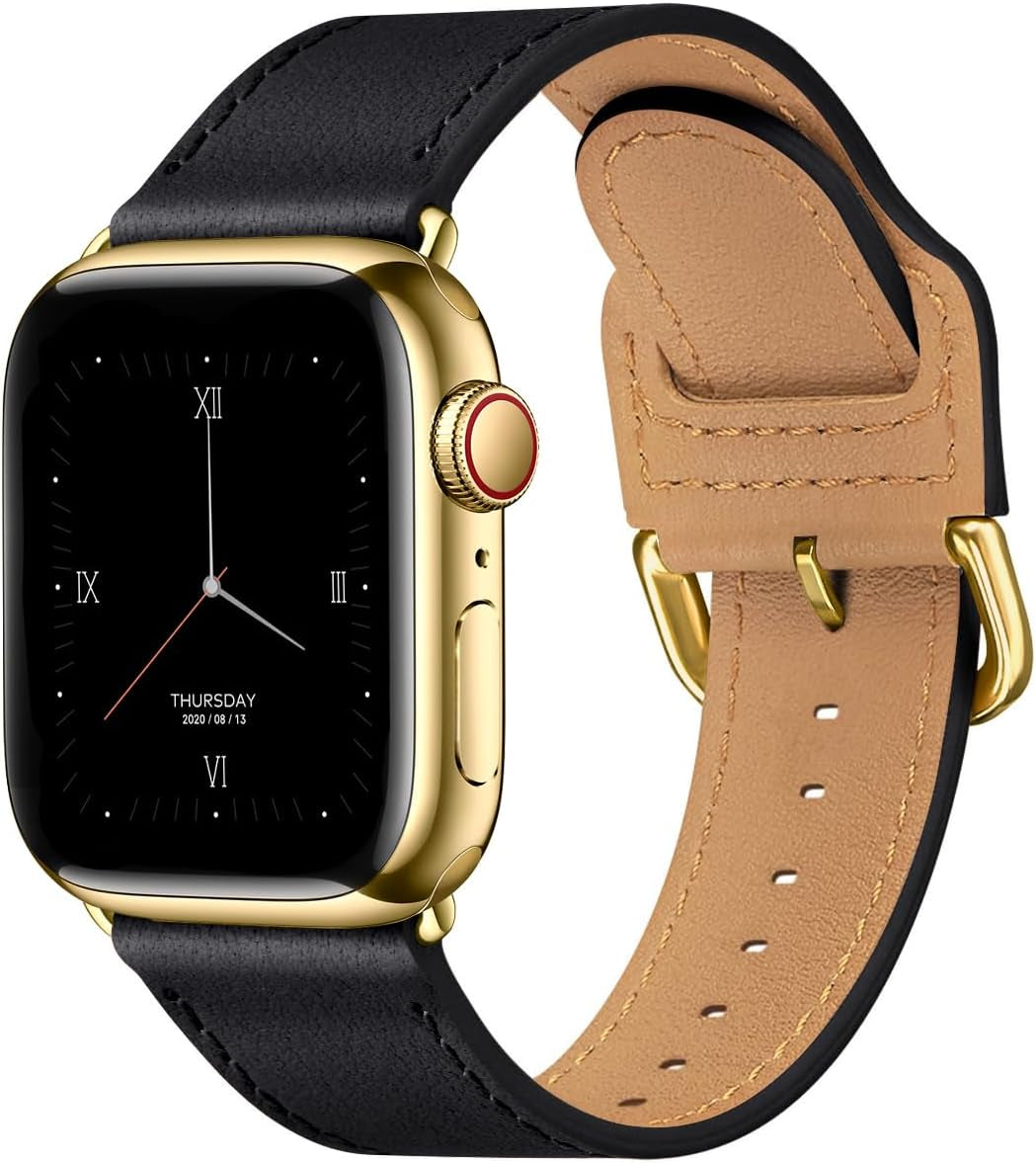 Leather Bands Compatible with Apple Watch Band 38Mm 40Mm 41Mm 42Mm 44Mm 45Mm 49Mm,Genuine Leather Strap Compatible for Women Men Iwatch SE Ultra Series(Black/Gold)