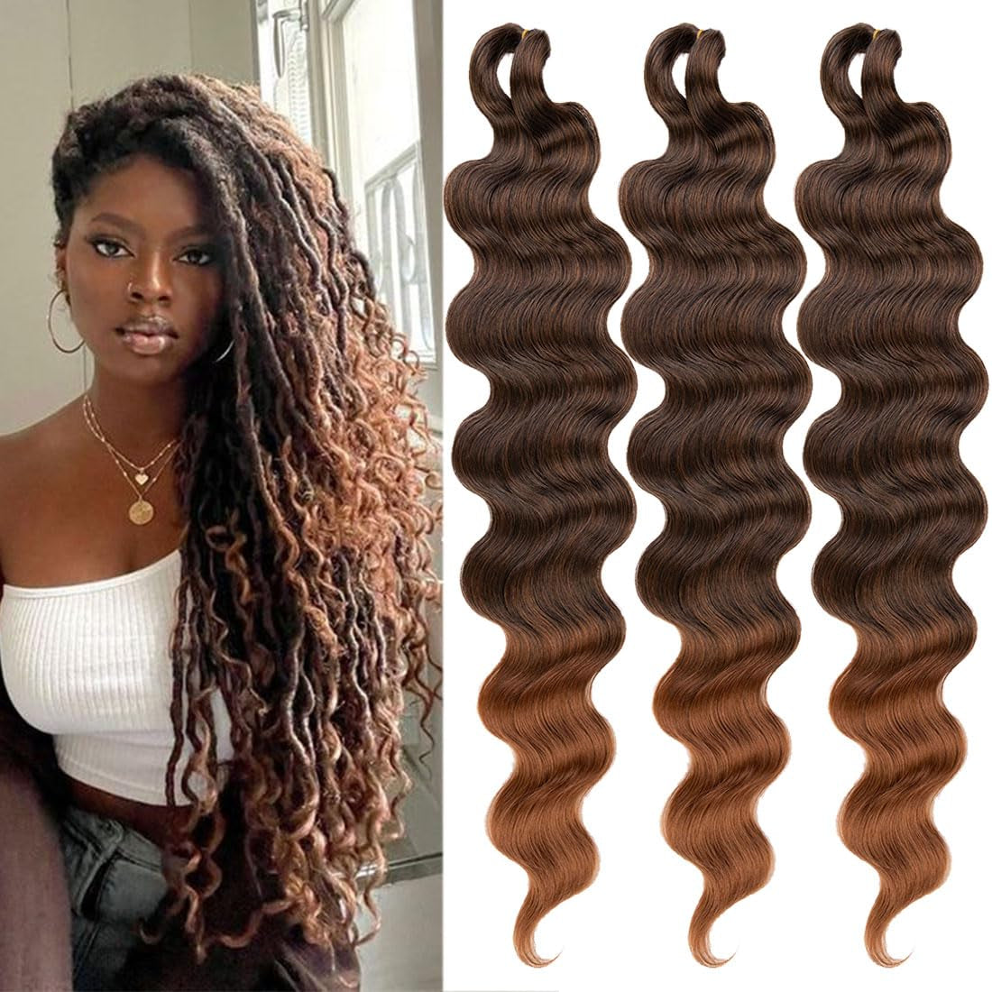 3 Packs Body Wave Braiding Hair 24 Inch Ombre Pre-Feathered Bouncy French Curl Wavy Braiding Hair Wavy Texture Braiding Ocean Deap Twist Crochet Hair Synthetic Hair Extensions(T30#)