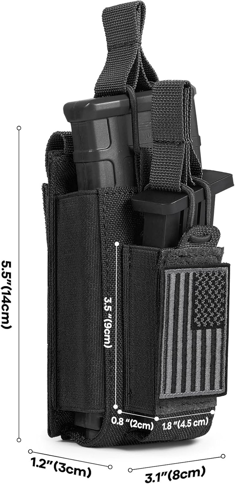 Open-Top Single/Double/Triple Molle Mag Pouch for 5.56Mm M4 M16 AK AR Glock M1911 9Mm Elastic Rifle Magazines Pistol Mag Pouches Holder Carrier with USA Flag Patch