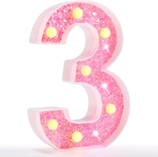 Marquee Numbers Lights, Light up Numbers Battery Powered, Glitter Lighted Numbers for Birthday Party, Shiny LED Numbers for Christmas Wedding Home Bar Decoration, Pink Number 3
