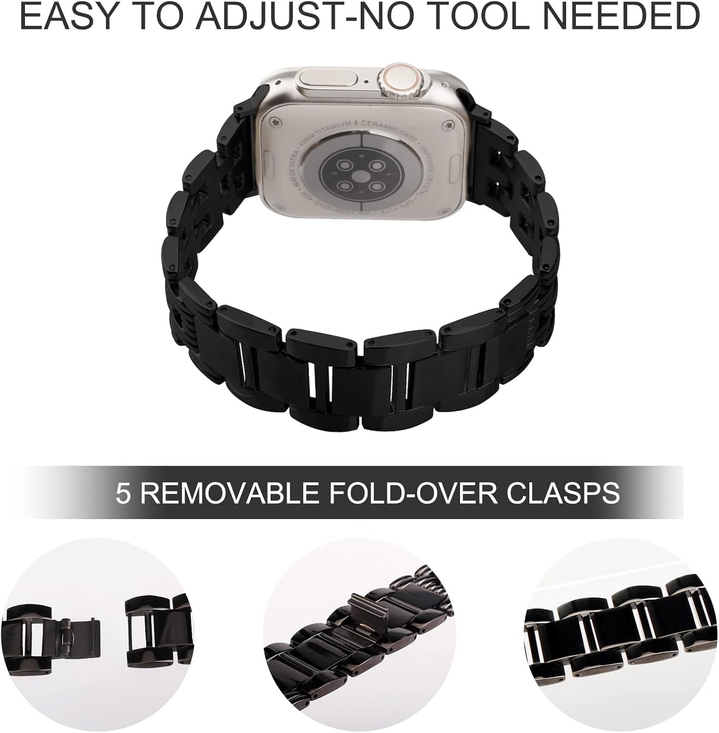 Stainless Steel Watch Band Compatible with Apple Watch Ultra 49/45/44/42Mm 41/40/38Mm, No Tools Needed Metal Strap Adjustable Band for Iwatch Series 8/7/6/5/4/3/2/1/Se/Ultra Women and Men