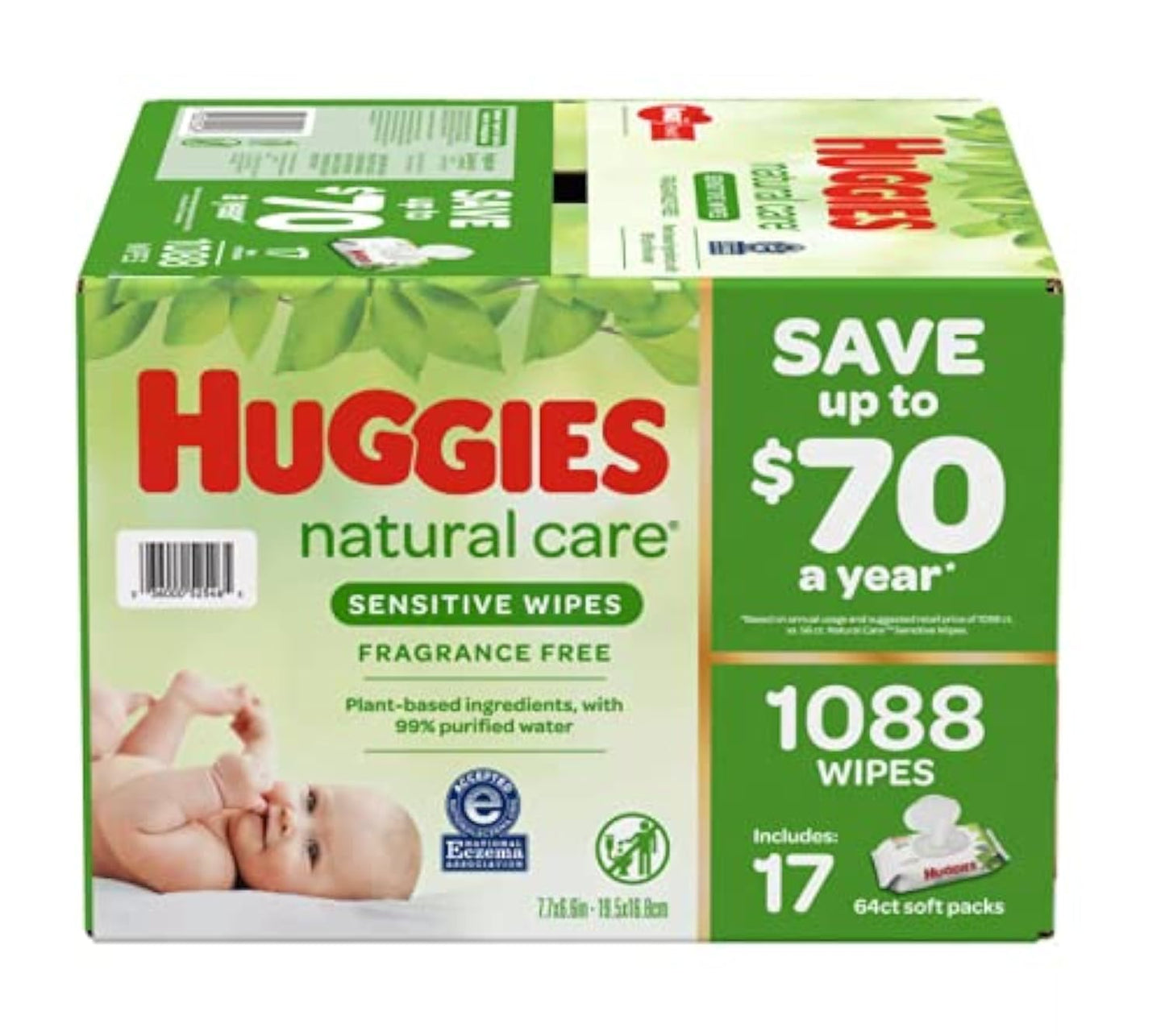 Natural Care Sensitive Baby Wipes, Unscented, Hypoallergenic, 99% Purified Water, 12 Flip-Top Packs (768 Wipes Total), Packaging May Vary