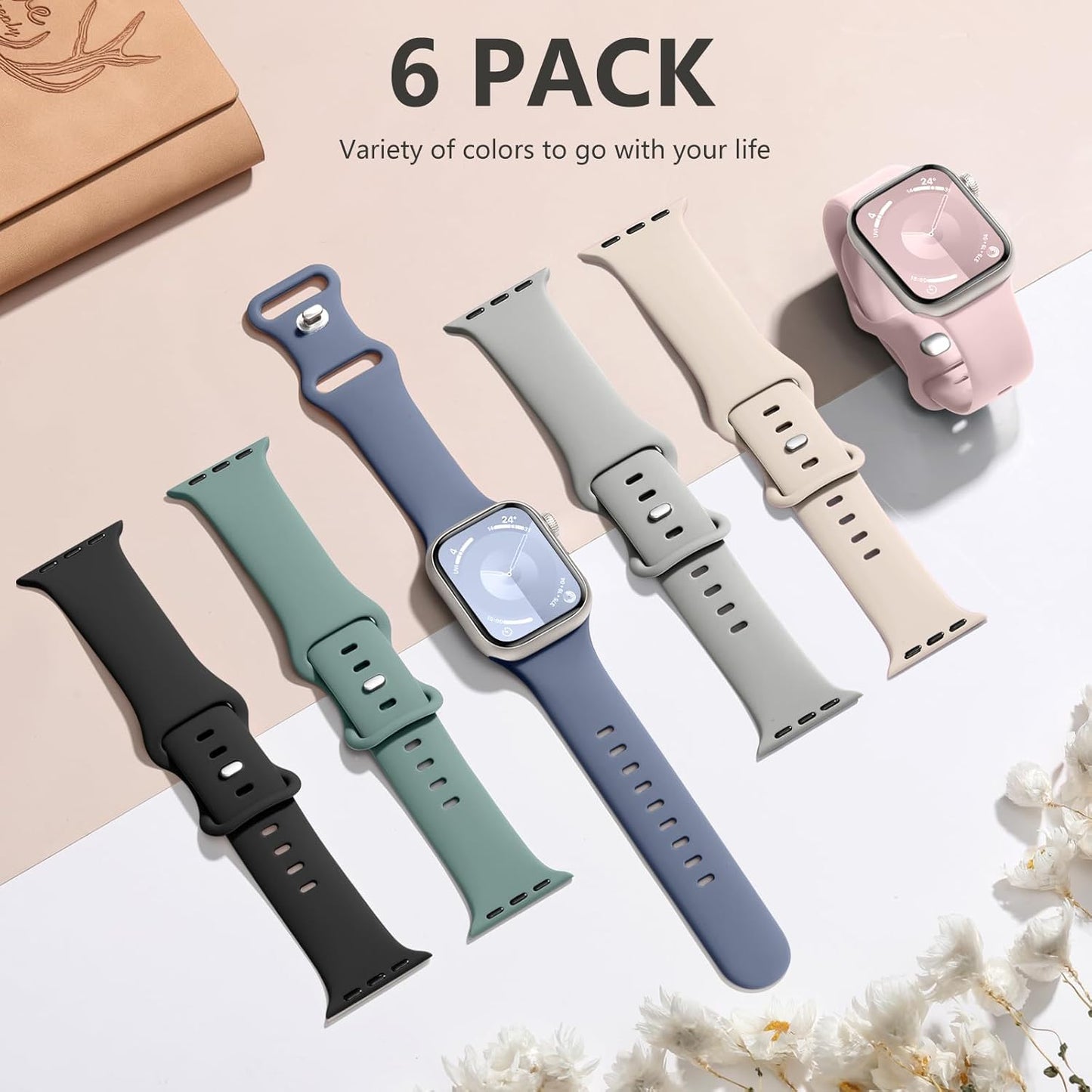 6 Pack Sport Bands Compatible with Apple Watch Bands for Women 40Mm 41Mm 44Mm 45Mm 42Mm 38Mm 49Mm Men, Soft Silicone Waterproof Iwatch Bands Strap for Apple Watch Series 9 8 Ultra 2 SE 7 6 5 4 3 2 1