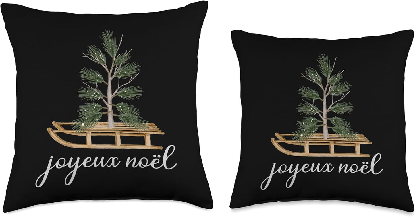 Joyeux Noel French Merry Christmas Tree Sled Vintage White Throw Pillow