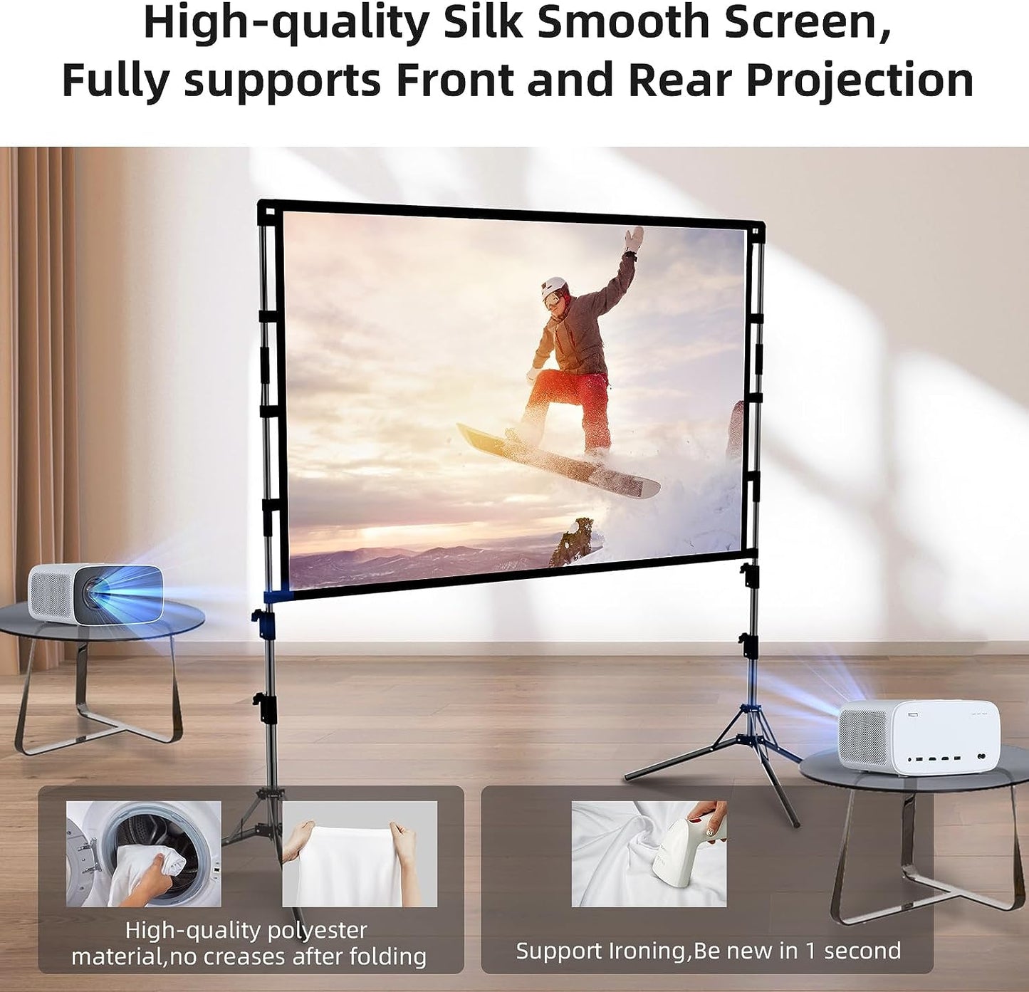 Projector Screen and Stand, 120 Inch Portable Projector Screen Indoor Outdoor Projection Screen 16:9 4K HD Wrinkle-Free Light-Weight Movie Screen with Carry Bag for Backyard Movie Night