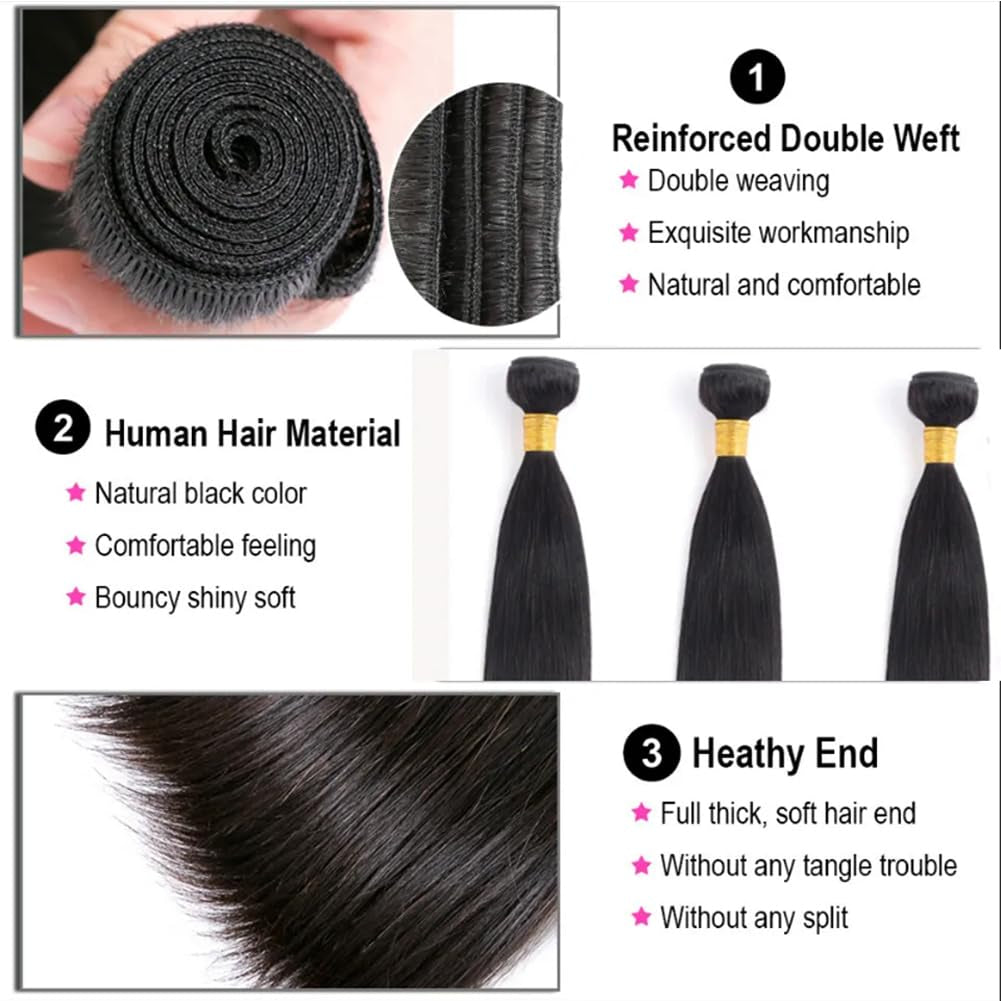 Straight Bundles with Closure Human Hair (14 16 18 20 + 12) 4 Bundles Deals with 4X4 Lace Closure Free Part 12A Brazilian Weave Bundles Human Hair Raw Remy Double Machin Weft Hair Extensions