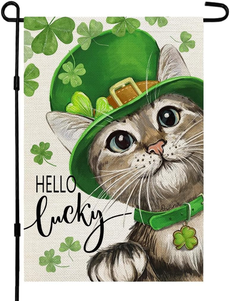 St Patricks Day Cat Garden Flag Hello Lucky 12X18 Inch Double Sided for outside Small Burlap Shamrock Clovers Holiday Yard Decoration