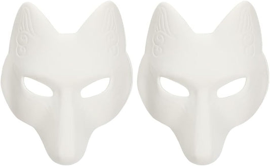 Blank Fox Mask, 2Pcs Halloween Fox Mask DIY Blank Mask Fox Japanese Kabuki Masks White Paintable Mask for Halloween Masquerade Costume Prop