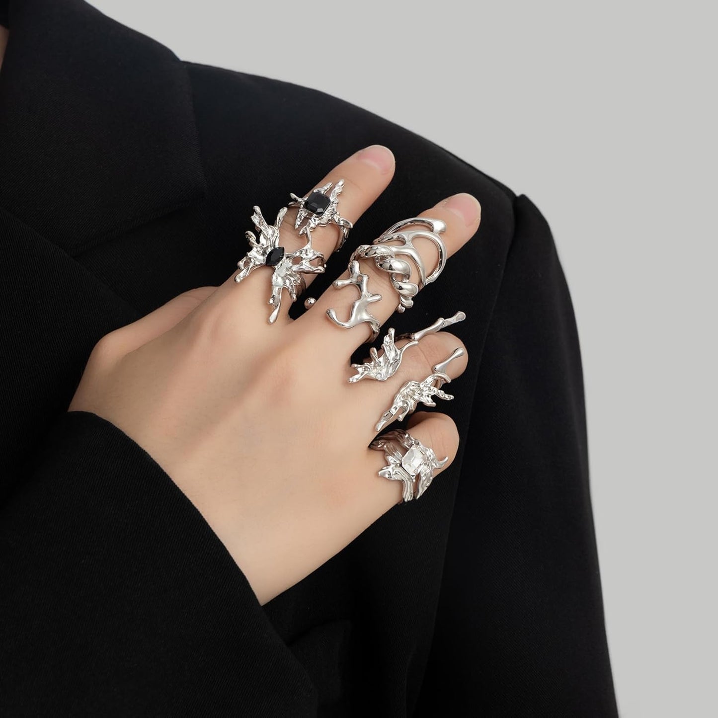 8 Pcs Vintage Silver Rings Sets Y2K Goth Coquette Grunge Chunky Stacking Rings for Women Aesthetic Accessories Jewlery Boho Silver Statement Ring Gift